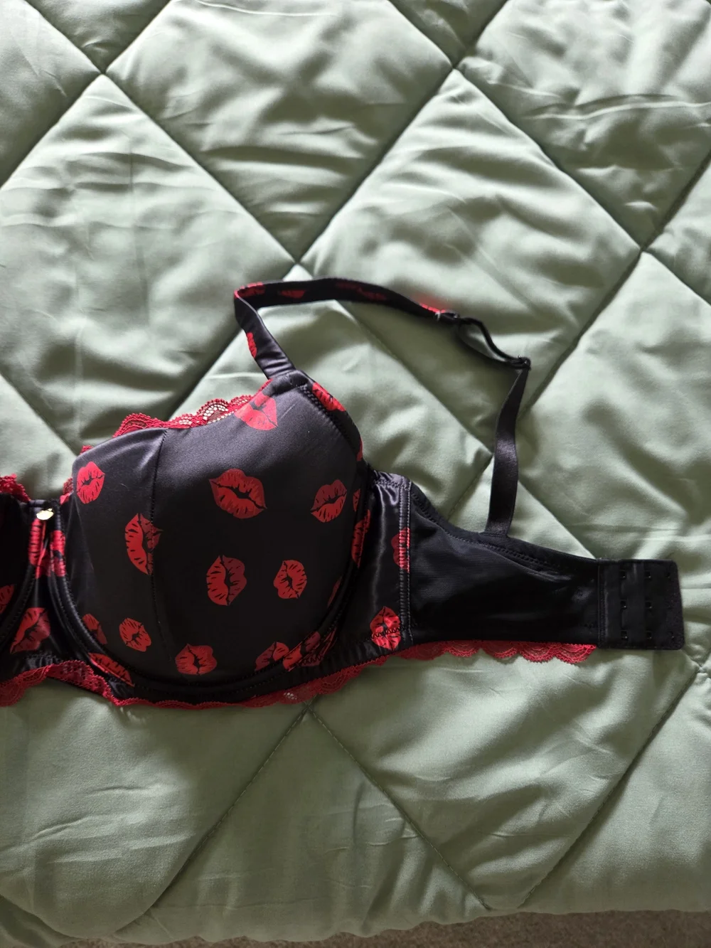Adore Me Black Balconette Bra with Red Kiss Print